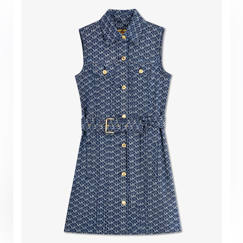 Michael Kors Denim Belted Mini Sleeveless Dress
